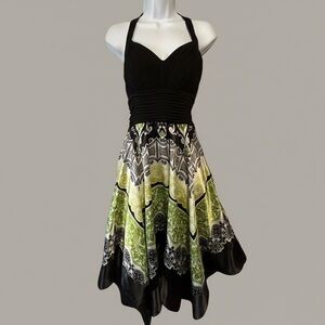 Cato Halter Dress Ruched top Scarf hem asymmetrical Sz 10 Black White neon lime